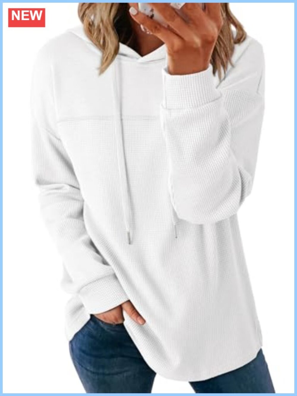 Waffle Knit Hooded Pullover Sweatshirt Long Sleeve Loose Casual